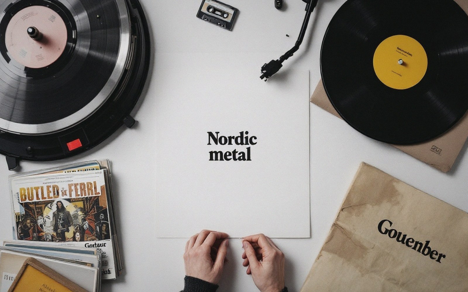 Hands arranging vinyl records and turntables around a sleeve labeled "Nordic metal"