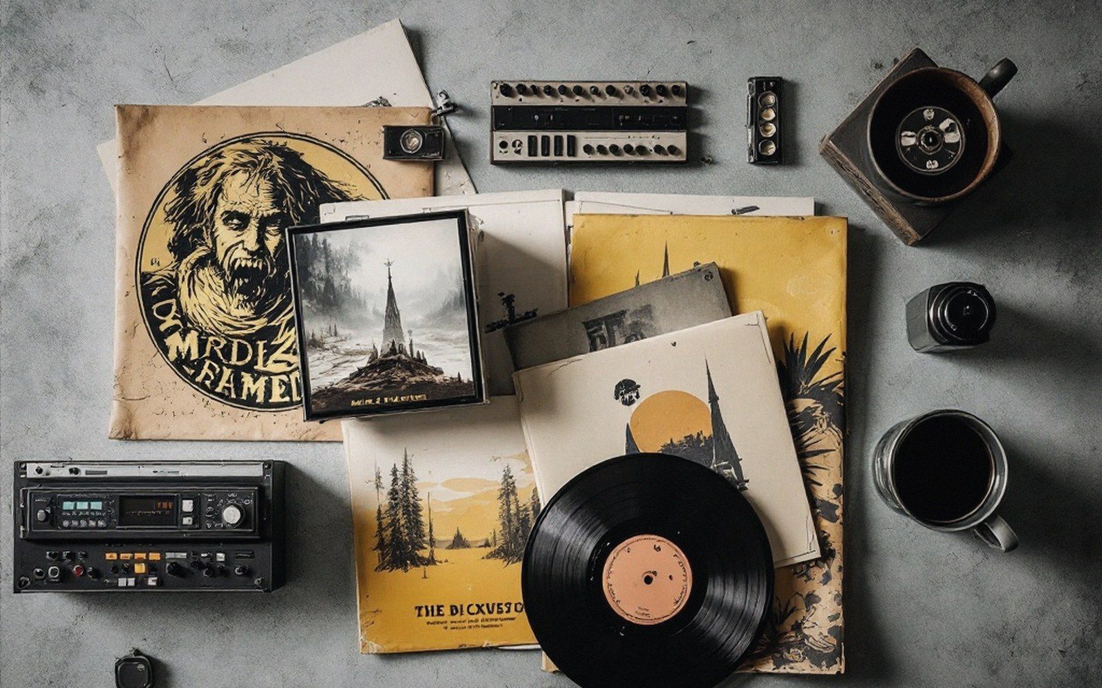 Vinyl records and album covers arranged with a cassette deck, mixer, and coffee mug