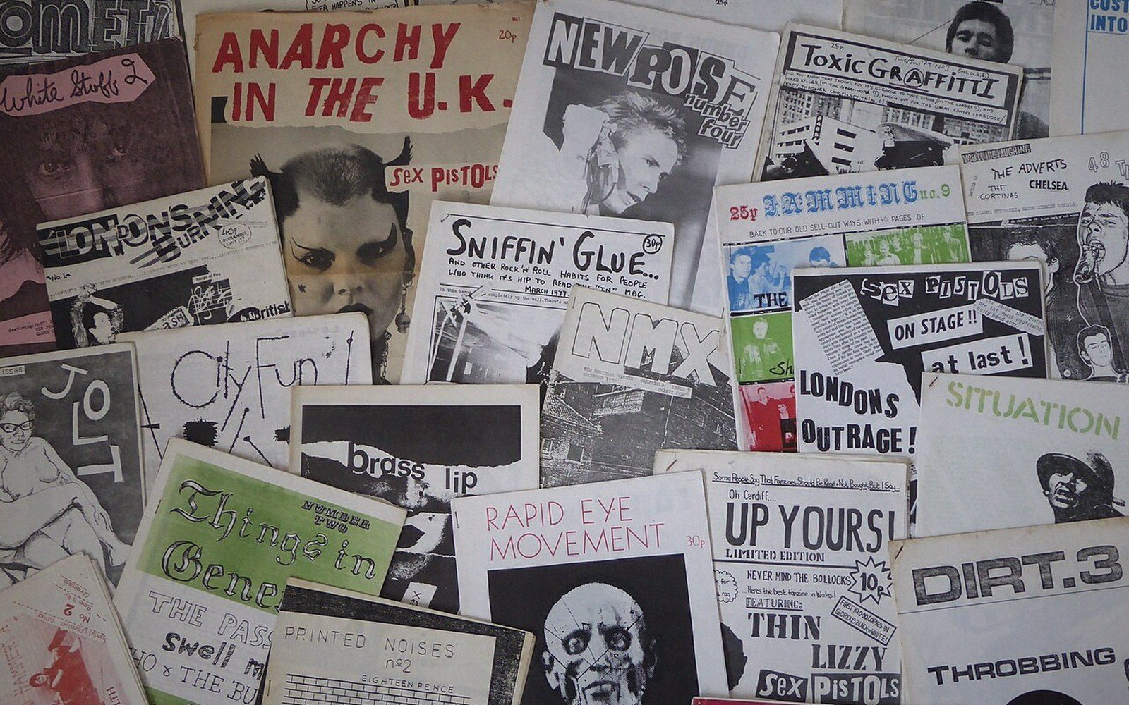 Collection of vintage punk fanzines including Sniffin' Glue and Anarchy in the UK