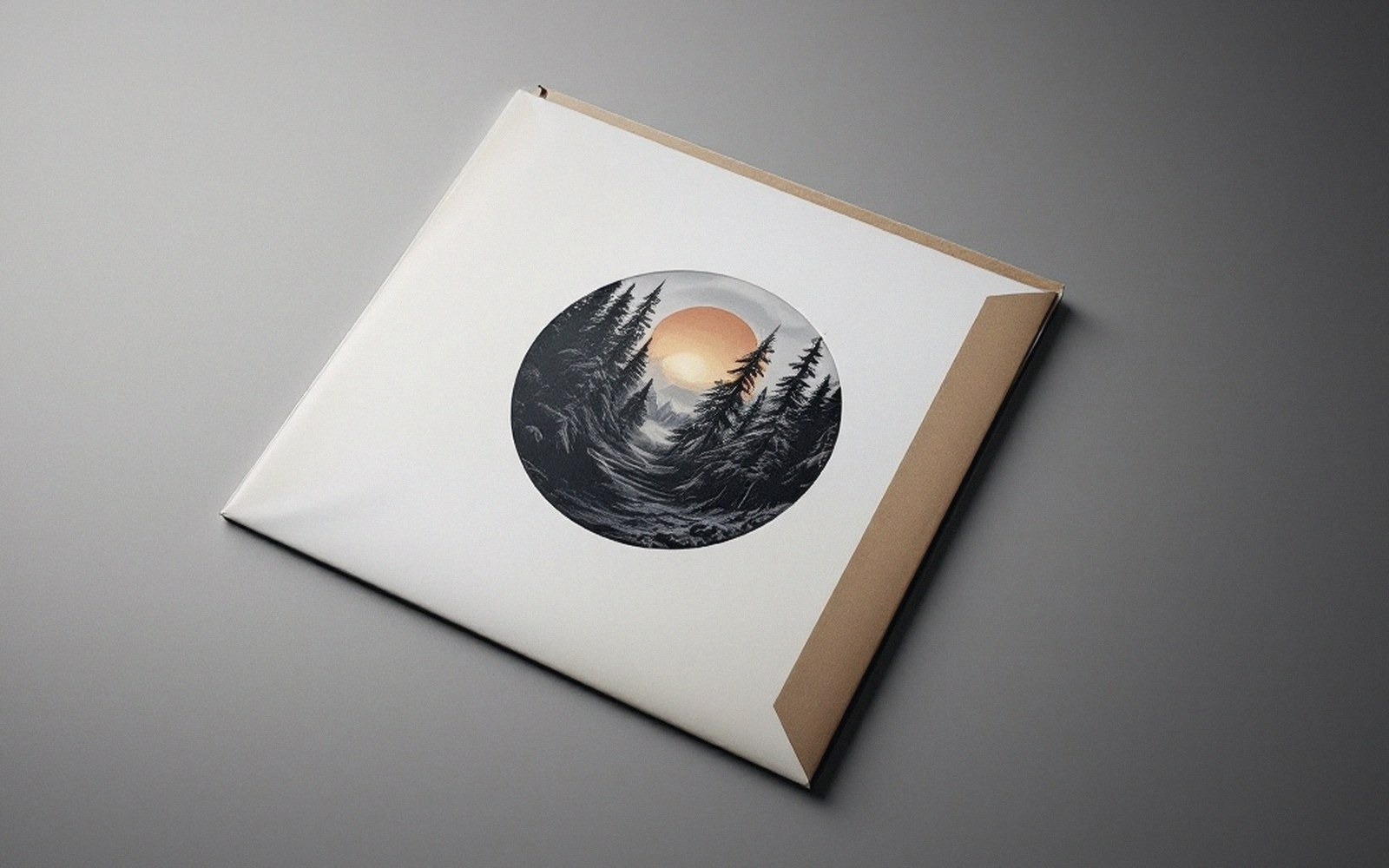 A twelve-inch record sleeve lying flat on a plain grey surface, lit from the left, showing the printed front cover art at full resolution